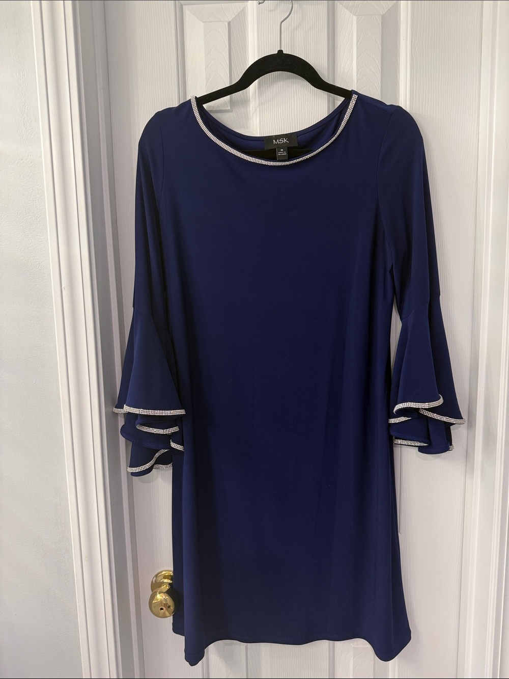 MSK Royal Navy Ruffle-Sleeve Dress with Metallic Trim